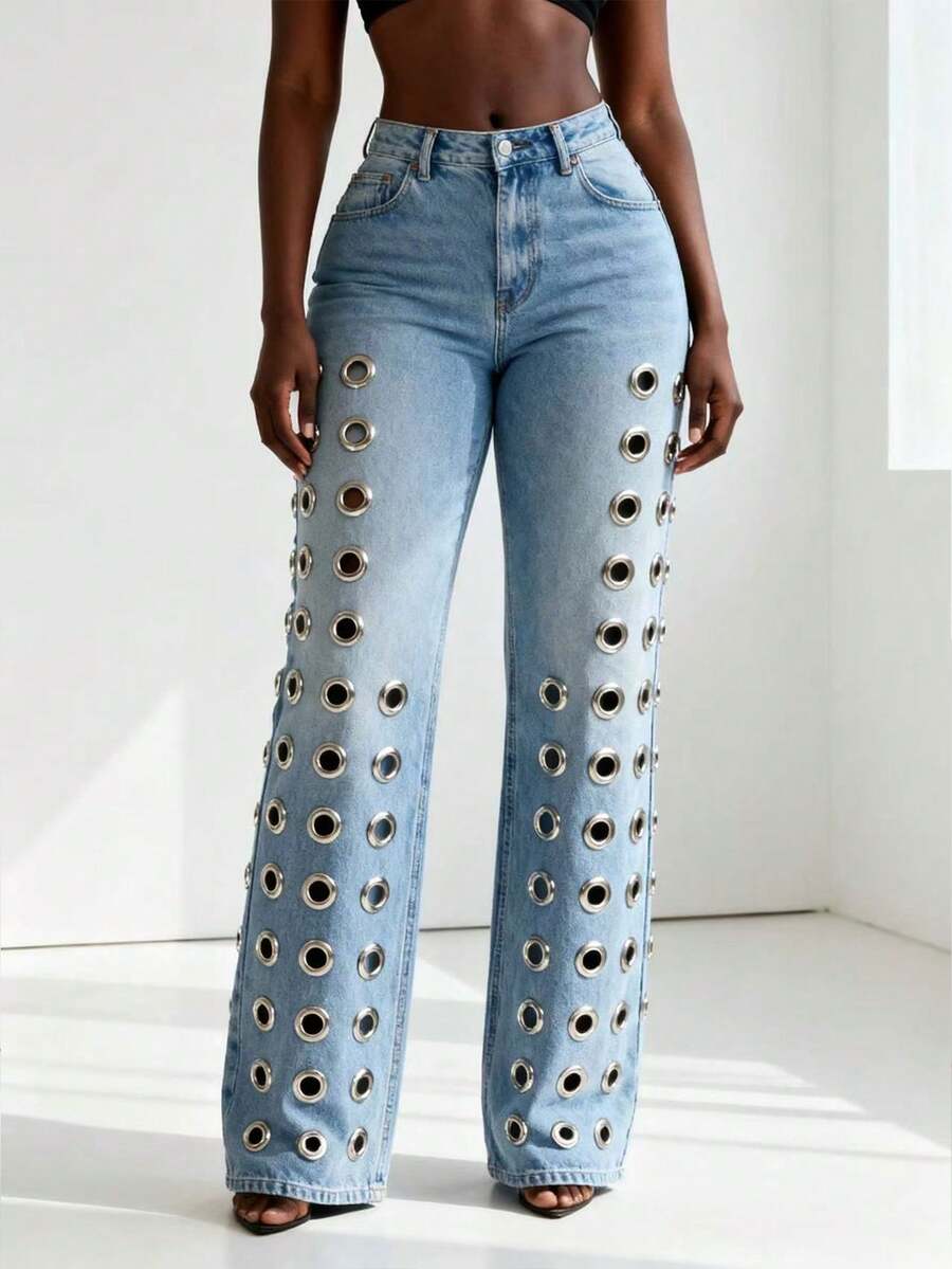 Valentine's Day, Date Night Outfit, Gifts For Her Women's Light Blue Wide-Leg Pants - Standout Ring Accent Detail | Bold Edgy Style For Fashion Street Shoots,  Party Gatherings, Weekend Urban Strolls & Fashion Event Outings Eye-Catching Ring Accent Detail For Edgy Stylish Looks - 藍色 - 查看 1