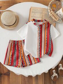 两件套男童斋月图案拼接短袖衬衫配短裤，休闲日常装 - 亮橙色 - 查看 1