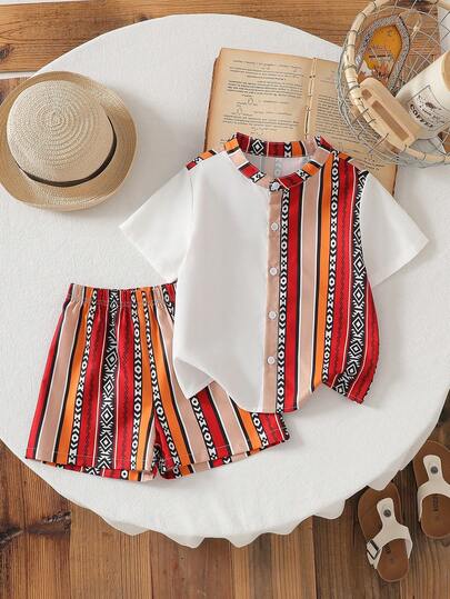 两件套男童斋月图案拼接短袖衬衫配短裤，休闲日常装