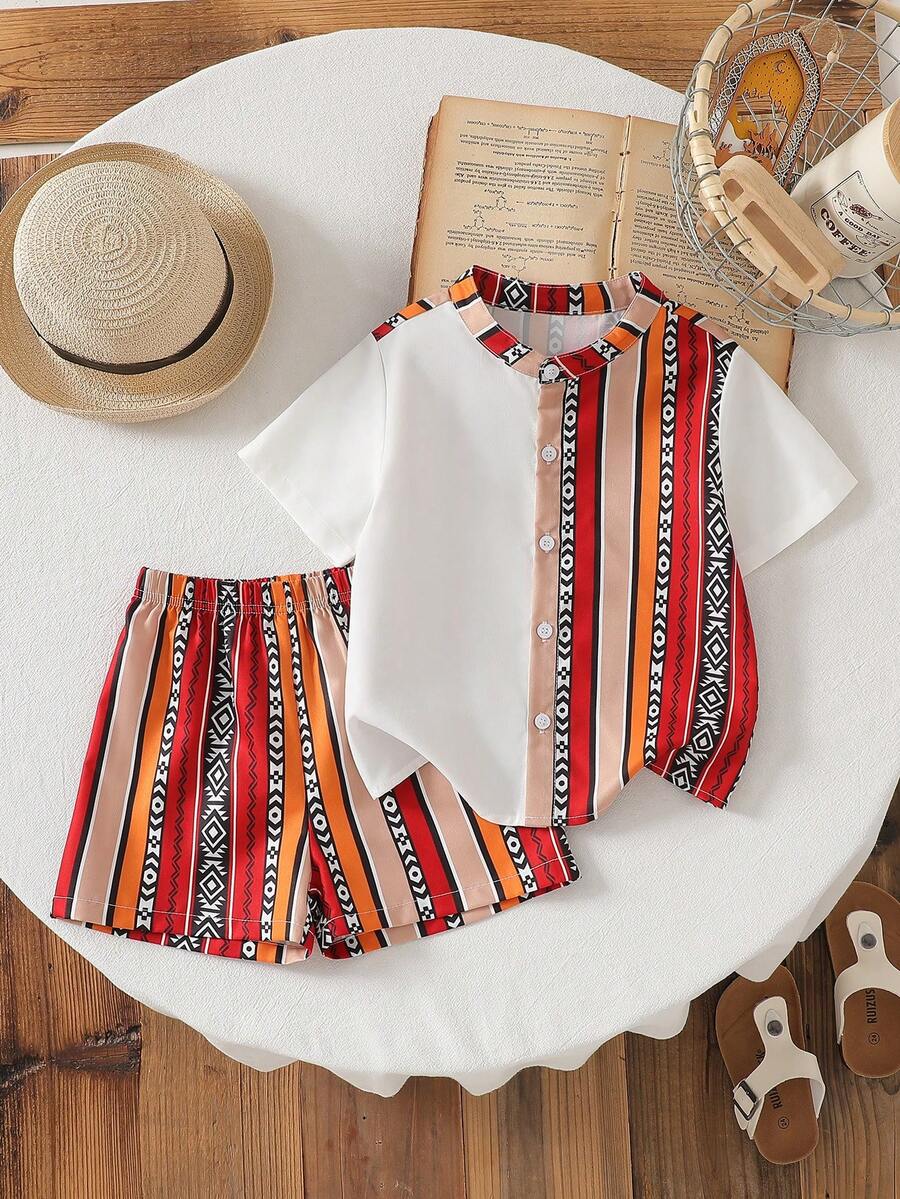 两件套男童斋月图案拼接短袖衬衫配短裤，休闲日常装 - 亮橙色 - 查看 1