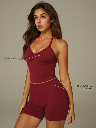 UONNOU 2pcs Women's Sports Bra + Shorts Tight Shaping Set, With Adjustable Neckline, Removable Pads, 3-Layer Fabric, Sexy Open Back & Shoulder Design, Waist & Abdomen Shaping, Butt Lifting, High Elasticity & Shaping, Seamless Knit Fabric Shorts, Suitable For Sports, Outdoor Leisure, Yoga, Gym, Running, Exercise, Events, Daily Casual, Festivals, All Seasons Fashionable Sportswear.