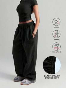 Plus Size Women Solid Color Casual Loose Pocket Sweatpants - 黑色 - 查看 2