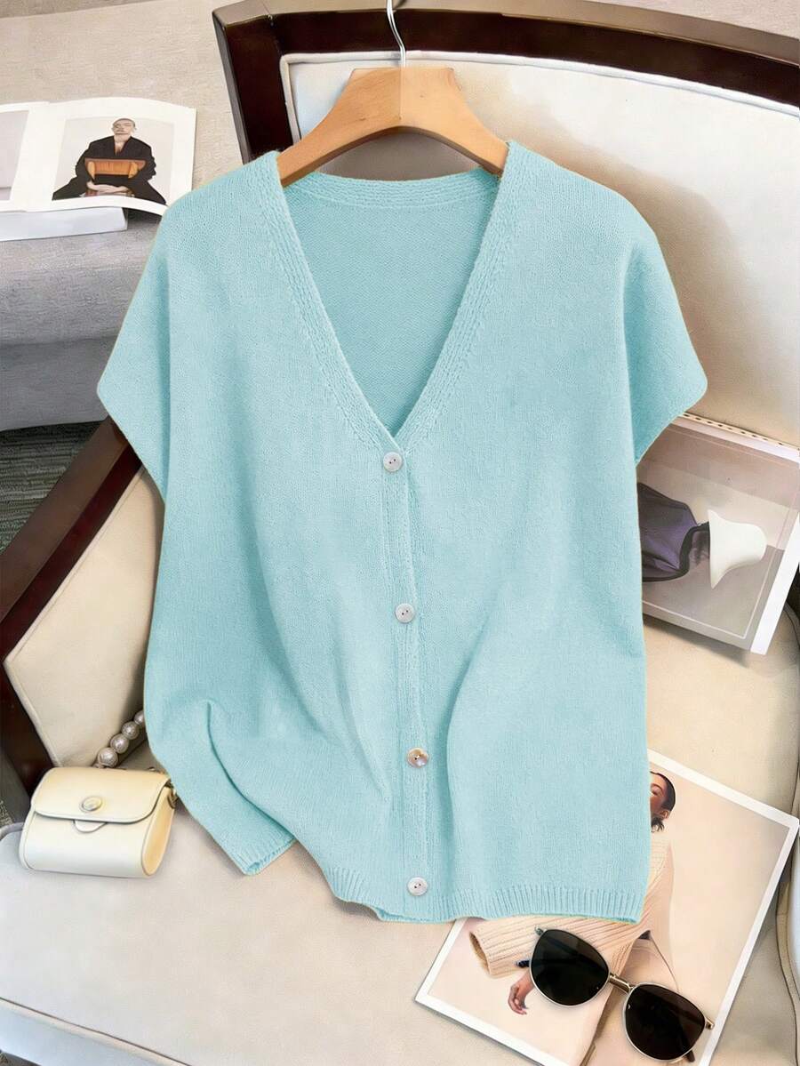 Áo khoác cardigan len dáng suông đơn giản, thanh lịch, cổ chữ V, màu trơn dành cho nữ cỡ lớn, thích hợp cho bữa ăn trưa, mùa xuân/hè. - trời xanh - Xem 1