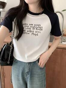 字母印花黑白短袖T恤，休闲百搭女士夏季个性化T恤 - 黑拼白 - 查看 11