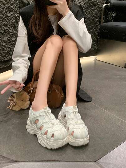 Women's Casual Hollow-Out Thick Sole Roman Sandals, New Summer Breathable Platform Sporty Sandals, Solid Color