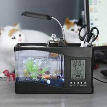 Acuario Recargable por USB con Luz LED, Pantalla LCD para Hora, Fecha, Temperatura, Soporte para Bolígrafo, Decoración para Sala de Estar, Dormitorio, Oficina (Negro) - Negro - Ver 6