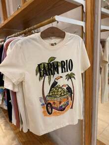 Casual Chic Tropical Print T-Shirt, Premium Knit Fabric, Immediate Shipping - Kem - Xem 1