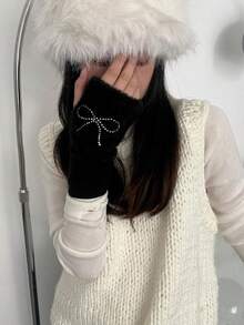 1 Pair Women's Fashion Plush Bow Rhinestone Half Finger Gloves, Versatile Casual Warm Winter Fingerless Gloves For Students, Writing, Office Summer - Multicolor - View 7