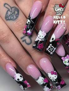 Sanrio 萬聖節 Evil Hello Kitty 24片中號方型 3D 凝膠亮片法式穿戴短甲，含 Hello Kitty、Kuromi、星星、蝴蝶結與幽靈裝飾，亮片設計，完美貼合的壓克力假指甲套組，含 1 片果凍膠與 1 個指甲锉 - 彩色 - 查看 2