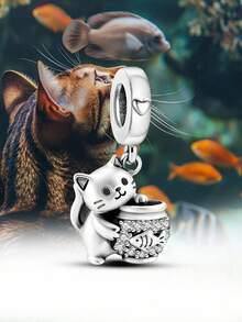 1颗925纯银猫鱼缸吊坠珠，适合女士手链、手镯DIY饰品制作及日常佩戴，适合女孩佩戴。 - 貓咪和魚缸 - 查看 6