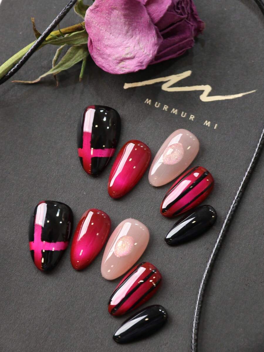 10pcs Acrylic Press On Nails Almond Nails Black Rose Pink Cat's Eye Stripe Nails Press On Faux Ongles Handmade Press On Nails Short Acrylic Nail Kit Nail Art Office DailyWear False Nails Artificial Nails Kit Includes 1sheet Adhesive Tabs &1 Pc Mini File - Multicolor - View 1
