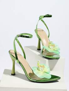 女士优雅兰花装饰交叉绑带金属质感闪亮亮绿色露趾高跟凉鞋，时尚尖头细高跟鞋，适合派对、婚礼、舞台表演，也适合情人节、母亲节、妇女节、新年、夏季穿搭。 - 綠色 - 查看 6