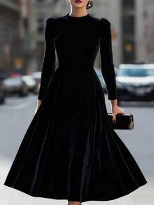 Vestido Largo de Alta Gama para Mujer | Tallas EUA 2026 | Nueva Colección Otoño-Invierno | Color Liso con Cuello Redondo | Manga Larga | Elegante y Sofisticado | Estilo Europeo y Americano - Negro - Ver 2