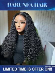 34英寸卷曲蕾丝前假发，200%密度，13x4高清透明杰瑞卷发混合真人发假发，无胶假发，预先拔毛的卷曲真人发假发，女士款 - 自然色&黑色系 - 查看 1