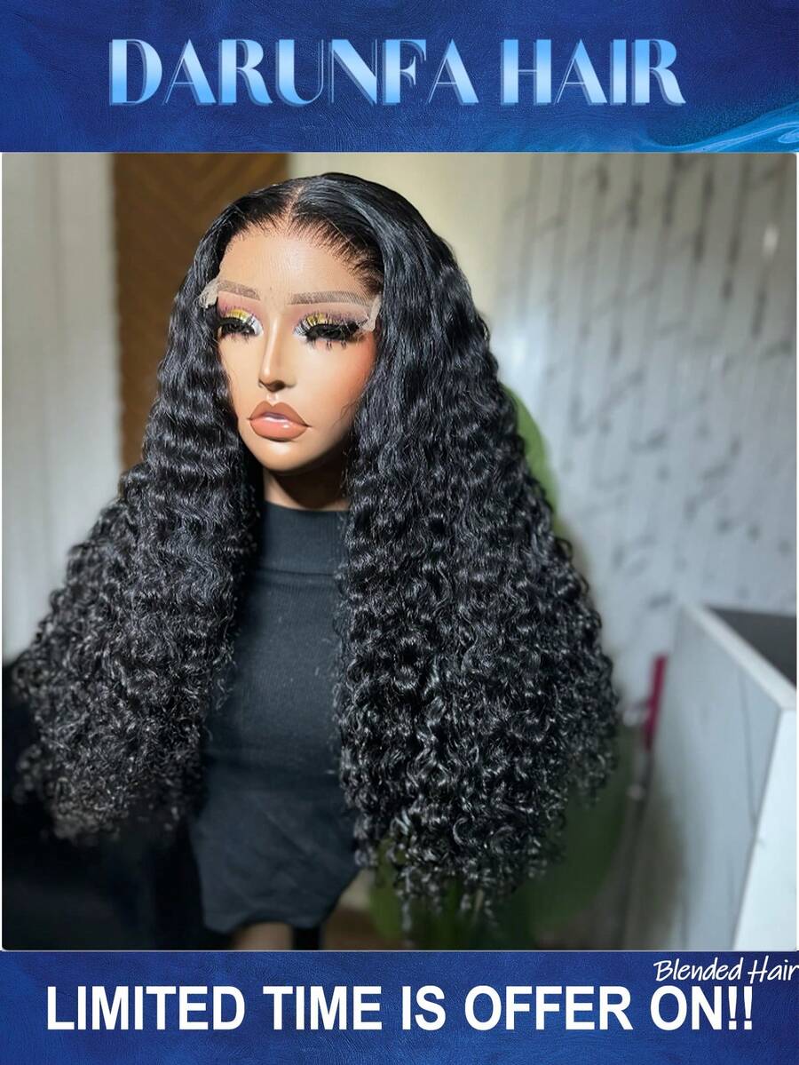 34英寸卷曲蕾丝前假发，200%密度，13x4高清透明杰瑞卷发混合真人发假发，无胶假发，预先拔毛的卷曲真人发假发，女士款 - 自然色&黑色系 - 查看 1