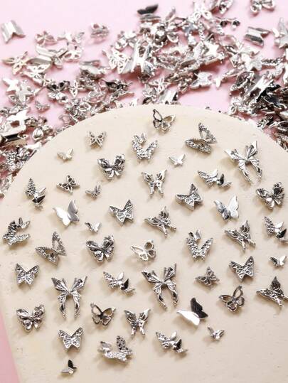 100pcs Luxury 3D Butterfly Nail Art Decorations, Alloy Mini Ribbon Nail Charms, Nail Supplies, Nail Gems