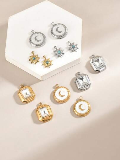 5 Pieces Stainless Steel DIY Jewelry Pendants, Stylish Moon And Sun Pendant Necklace Bracelet Accessories