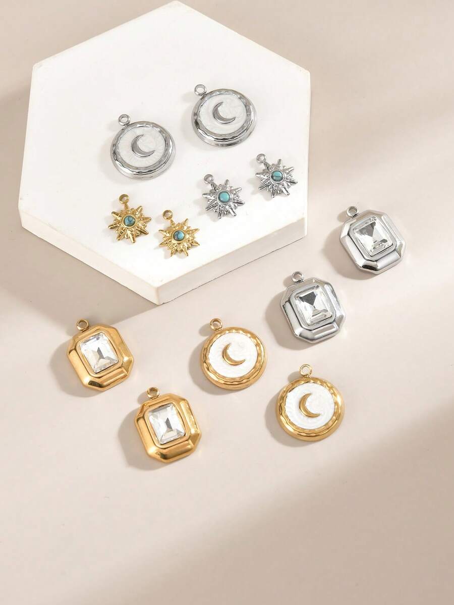 5 Pieces Stainless Steel DIY Jewelry Pendants, Stylish Moon And Sun Pendant Necklace Bracelet Accessories - Pendant 01 - View 1