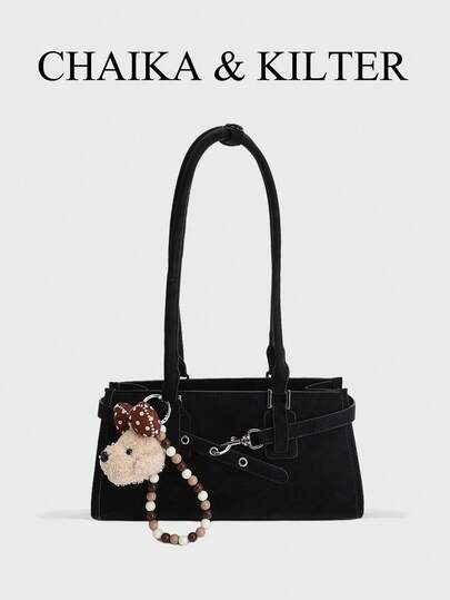 CHAIKA & KILTER 1 st. enfärgad axelväska i PU-tyg för kvinnor, vintage-mode armhålsväska med remdekor, dragkedja, dubbla handtag, lämplig för daglig shopping (säljs med hänge)