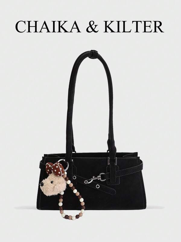 CHAIKA & KILTER 1pc Solid Color PU Fabric Shoulder Bag For Women, Vintage Fashion Underarm Hobo Bag With Strap Decor, Zipper Closure, Dual Handles, Suitable For Daily Shopping (Sold With Pendant)