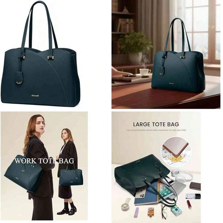 Bolsa mujer para laptop hasta 15.6 pulgadas de cuero vegano, portafolio para mujer para computadora, bolsa de mano para laptop para mujer, bolsos ejecutivo mujer - verde oscuro - Ver 1