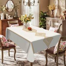 1pc Minimalist Gold Line Striped Geometric Tablecloth, Luxurious Dual-Color Dining Room Decor, Washable Modern Rectangular Polyester Tablecloth For Home, Dining Room, Living Room, Party, Indoor/Outdoor Use - Multicolor - View 2