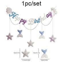 儿童女孩美人鱼主题生日派对装饰，海洋珍珠贝壳背景墙挂横幅 - 彩色 - 查看 5