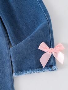 两件套女婴休闲时尚蝴蝶结刺绣短袖T恤上衣和3D蝴蝶结毛边牛仔长裤套装 - 粉色 - 查看 7