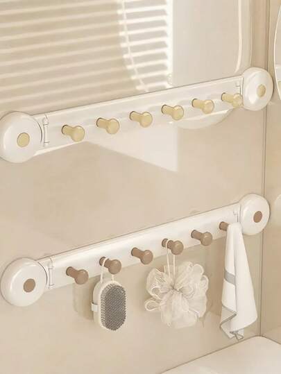 6-Hook Thickened & Sturdy Wall Mounted Hanger Rack, Suction Cup Design, Waterproof & Moisture-Proof, Flip Cover, Multi-Functional, Detachable & Reusable, Suitable For Home, Bathroom, Kitchen, Living Room, Bedroom, Office, Entryway To Hang Bags, Towels, Clothes And Daily Necessities