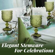 Sunflower Embossed Wine Glasses Set Of 6 – 10oz Green Vintage Goblets, Dishwasher Friendly Stemmed Drinking Cups For Wedding Toast, Cocktail, Juice & Home Entertaining - màu xanh lá - Xem 7