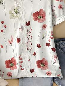 Plus Size Elegant Casual Floral Lace Ruffle Trim Blouse For Women, Spring/Summer - Red - View 7