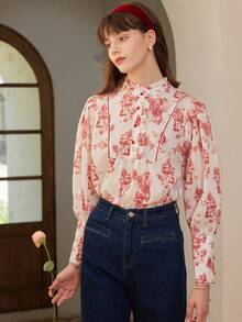 Simple Retro High Neck Printed Long Sleeve Shirth Women Pleated Front Blouses Casual For Spring And Summer - Red - View 7