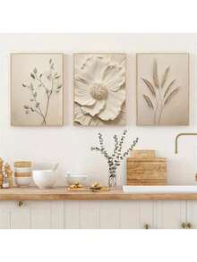 Conjunto de 3 piezas de impresiones en lienzo de arte de pared con plantas de color beige, cartelería moderna sin marco para la sala de estar, orientación de retrato interior, tema de otros temas - Multicolor - Ver 8