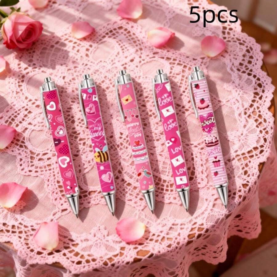 10支粉色爱心蝴蝶图案圆珠笔，高品质速干，可爱爱心造型，适合情人节 - 黑色 - 查看 1