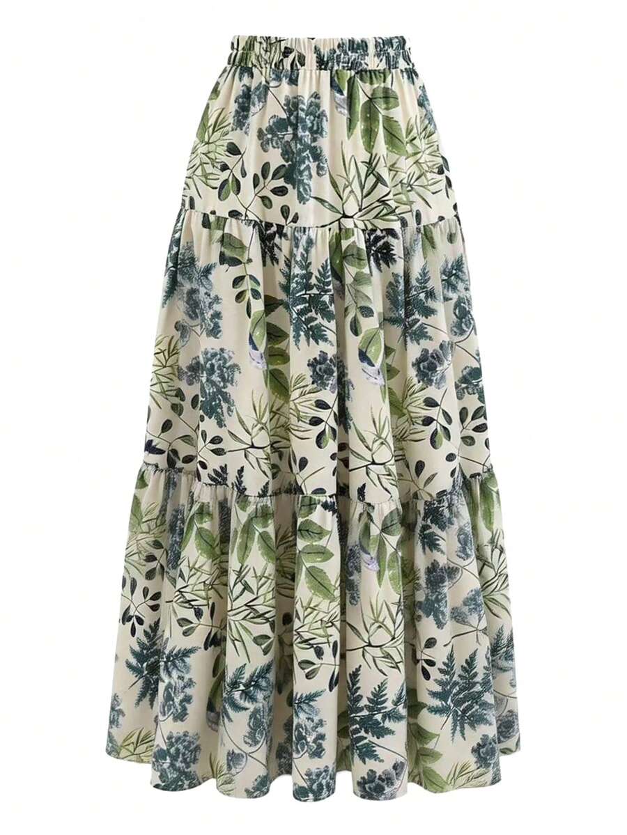 EARO Women's Long Printed Layered Skirt, Non-Stretch Fabric, Elastic Waistband, Flowing Long Skirt - Green - View 1