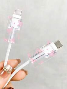 Pink Bow & Heart Pattern Transparent Charger Protector Case (Fits 20W), Compatible With 13/14/15 EU Adapter Protector Set 20W Charger With Cable Protector, Transparent Protector Shell And Cable Protector, Butterfly Charger Protector Case, Transparent EU Plug Protector, Cable Protector, Charger Accessories - Multicolor - View 6