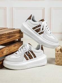 Multi-Functional Women's Ultra-Light, Soft, Breathable Tennis Shoes, Elegant Women's Platform Shoes With Leopard Print Accents, Step-In Design, Easy To Put On And Take Off, Perfect For Sports, Fitness, Running, And Stylish Outdoor Walks. - White and Gray Leopard Print - View 5