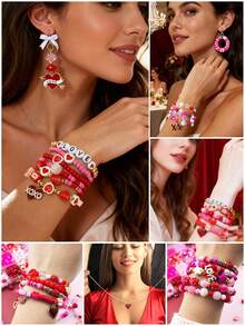 750/1000/1050/1320/1900/2200+ 件情人节DIY首饰制作套装，粉色和红色珠子套装，包含人造珍珠、心形/字母吊坠、字母珠子、弹力绳，是成人制作浪漫手工饰品（如手链、项链和情人节工艺品）的理想礼物。