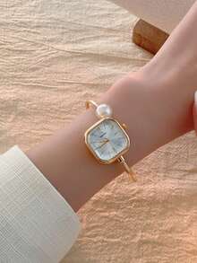 1 pieza Reloj de pulsera de moda casual con diseño ovalado, esfera verde, tonos plateado y dorado para mujer - Dorado - Ver 2