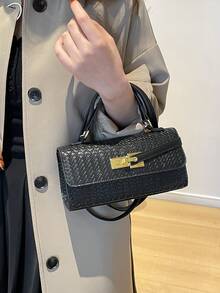 New Solid Color Woven Diagonal Zipper Crossbody Bag, Shoulder Bag, Baguette Bag, Evening Bag, Party Bag - Black - View 5