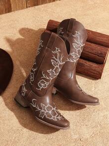 Women's Western Cowboy Embroidered Mid Calf Boots Square Toe  Chunky Low Heel For Country Music Festivals Theme Party And Concert All-Season Coffee Brown Boots - 咖啡棕 - 查看 6