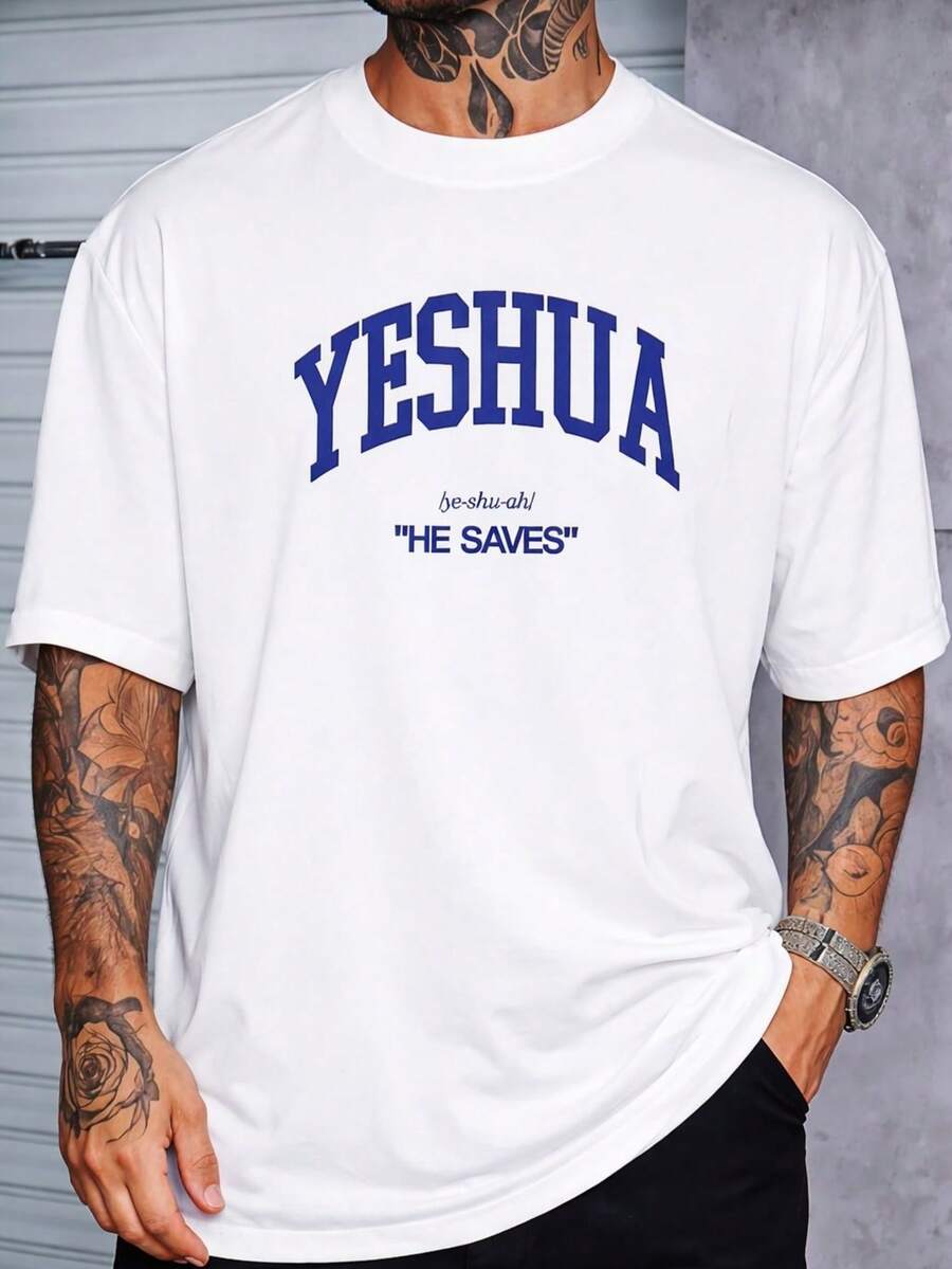 Men's Yeshua Cotton Shirt With Crew Neck And Print - Putih - View 1