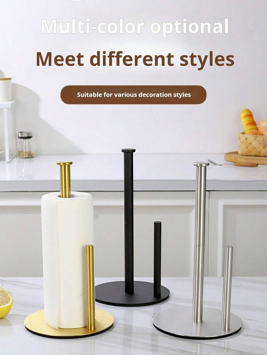 1 Pc Stainless Steel Gold, Black, And Silver Tabletop Paper Towel Holders, Kitchen Roll Holders, Plastic Wrap Storage Racks, Punch-Free Kitchen Double-Bar Shelving, And Vertical Hand Towel Racks - Multicolor - View 1