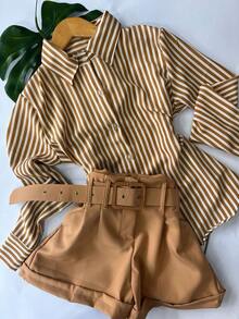 Polyester Button-Down Shirt, Everyday Wear, Spring/Summer/Winter - 較寬的米色條紋 - 查看 3