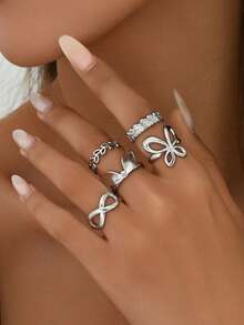 5pcs/Set Cincin Stainless Steel Berlapis Emas 18K Bentuk Bunga Lucu, Kupu-kupu, Telinga Kelinci, Dapat Diatur, Hadiah untuk Wanita - Butterfly - View 7