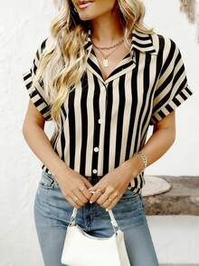 Women's Summer Casual Loose Slimming Batwing Sleeve Short Sleeve Shirt Striped Top Lapel Single-Breasted Design Folded Collar Simple Elegant Vacation - Apricot Curry - View 8