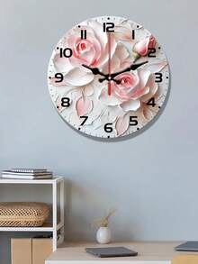 1 Peça Relógio de Parede Rosa 2D Silencioso com Movimento de Quartzo - Redondo de 10/12 Polegadas, Design Floral Elegante para Quarto, Escritório ou Decoração Doméstica - Funciona com Pilha AA (Não Incluída), Decoração Doméstica Relógio de Madeira | Movimento de Quartzo Silencioso | Relógio de Parede Decorativo - Multicolorido - Visão 6