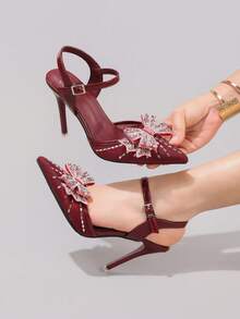 时尚水钻蝴蝶结高跟鞋，性感尖头晚宴派对鞋，精致宴会舞会细高跟鞋，酒红色 - 酒紅色 - 查看 6