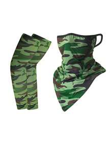 2件套防晒骑行冰丝袖套，含耳挂式冰丝三角巾，夏季户外运动骑行面罩袖套组合，男女通用遮阳套装，男士户外钓鱼迷彩套装，女士日常户外防风短袖护臂套装 - 彩色 - 查看 5