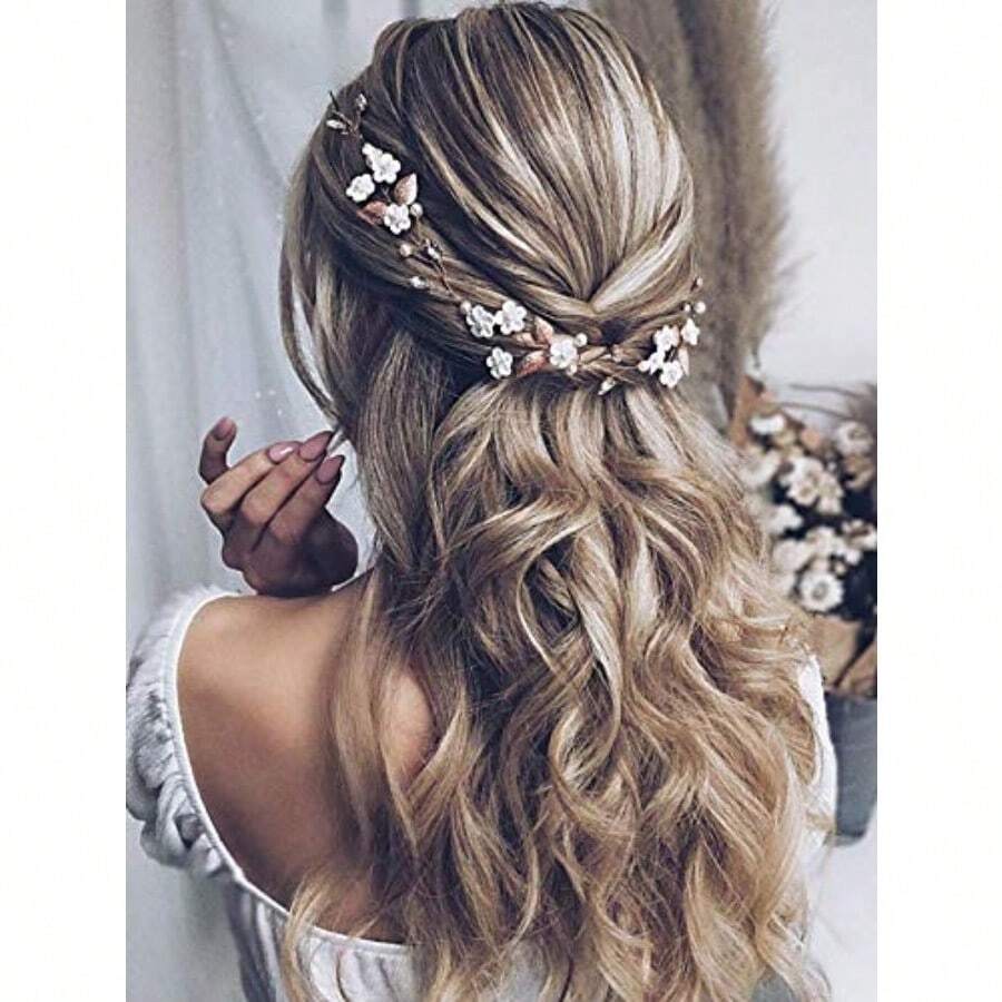 MX  JAKAWIN Bride Flower Wedding Hair Vine Leaf Hair Piece Pearl Bridal Headpiece Rhinestone Hair Accessories For Women And Girls HV103 Silver - 銀色 - 查看 1